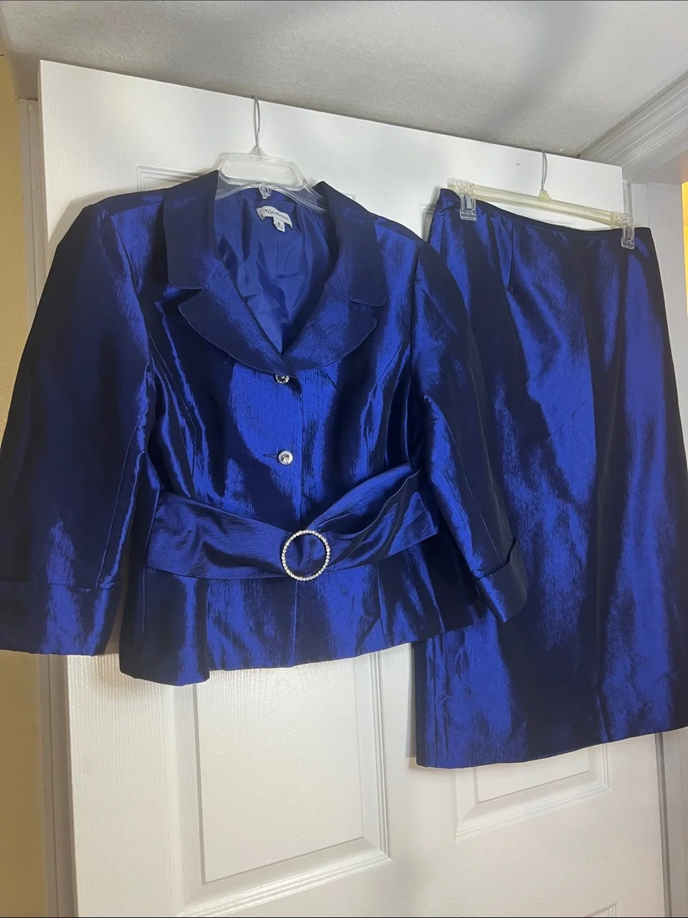 Women's Cobalt Satin Pencil Skirt with Matching Jacket - Elegant Two-Piece